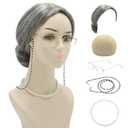 Cupohus Old Lady Costume Set Grandma Wig Granny Wig Cap Madea Granny Glasses Eyeglass Chains Cords Faux Pearl Bead Necklace Women Cosplay Set 5 Pieces (grey bun)