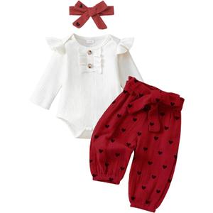 Newborn Baby Girl Clothes Ribbed Knit Romper Heart Daisy Print Pants for 0 3 6 12 18 24 Months Girl Outfits (Red)