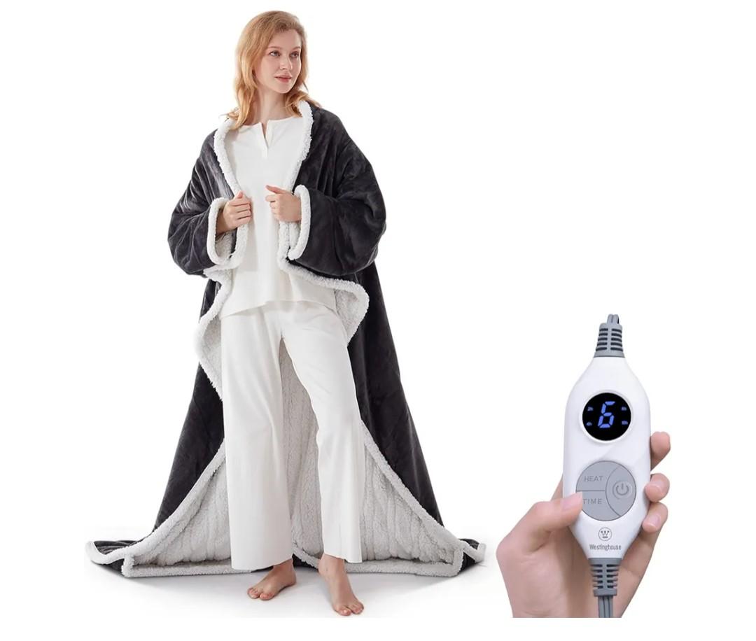 Westinghouse Electric Snuggle Throw Blankets with Foot Pocket, Wearable Heated Blanket with Sleeves, 6 Heating Levels & 2 to 10 Hours Heating Time Settings, 50 * 70"+18", Grey
