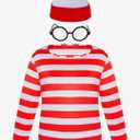 Yolyoo Adult Men Red and White Striped Tee Long Sleeve Shirt Glasses Hat Costume Set for Halloween Cosplay Party XXL