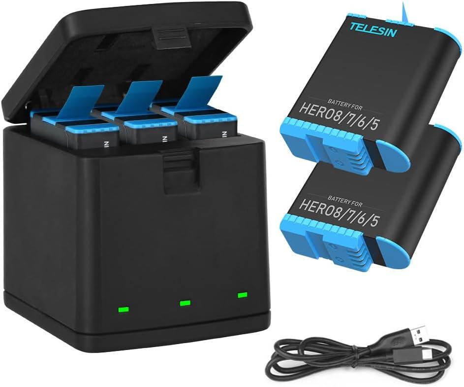 TELESIN 2-Pack Batteries and 3-Channel USB Battery Quick Charger with Type-C Cord Compatible with GoPro Hero 8 Black, Hero 7 Black, Hero 6, Hero 5 Black