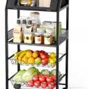 Rolling Kitchen Cart with Bread Box and 2 Pull-Out Wire Baskets - 4-Tier Storage Cart on Wheels with Lockable Casters, Wood Top and Metal Frame for Kitchen, Bathroom, and Pantry (Black)