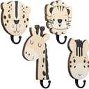 Qunclay 4 Pcs Decorative Wall Hooks Kids Wooden Baby Nursery Hooks Cute Safari Animal Construction Vehicle Towel Hanger for Childs Nursery Bathroom Bedroom Home Decor(Safari Animal)