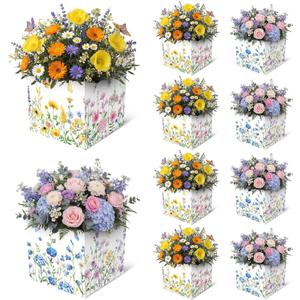 Gilprop 10 Pcs Wildflower Table Centerpieces 7 Inch Colorful Baby in Blossom Baby Shower Flower Boxes Table Display Cube Planter Plaid Blocks for Spring Wedding Birthday Tea Party Decoration