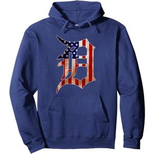 Detroit MichiganAmerican flag Old English D Hoodie Pullover Hoodie, XL, Navy Blue