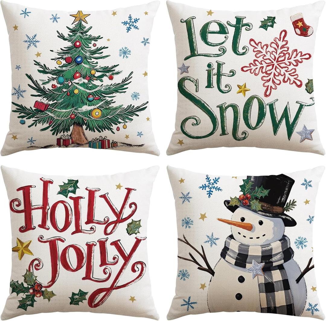 2 x Artscope Christmas Tree Snowman Throw Pillow Covers 20x20 Inch Set of 4, Let It Snow Holly Jolly Winter Hoilday Christmas Decoration Pillow Cases for Home Sofa Couch Decor-Beige