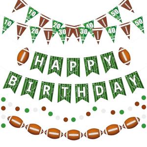 Pasimy 4 Pcs Football Birthday Party Banners Football Pennant Flag Happy Birthday Banner Circle Paper Garland Black Brown White Hanging Decorations Backdrop for Sports Bowl Party Outdoor Indoor