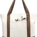 TOPDesign 1-Pack Canvas Tote Bag with an External Pocket, Reusable Grocery Shopping Bag, Top Zipper Closure, Daily Essentials (Brown/Natural)