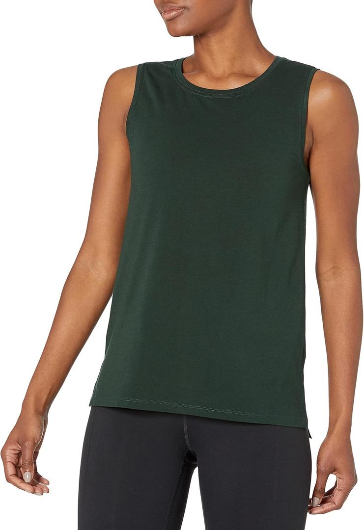 Amazon Essentials Women's Soft Cotton Relaxed-Fit Yoga Tank Top (Available in Plus Size) (Medium, Deep Green)