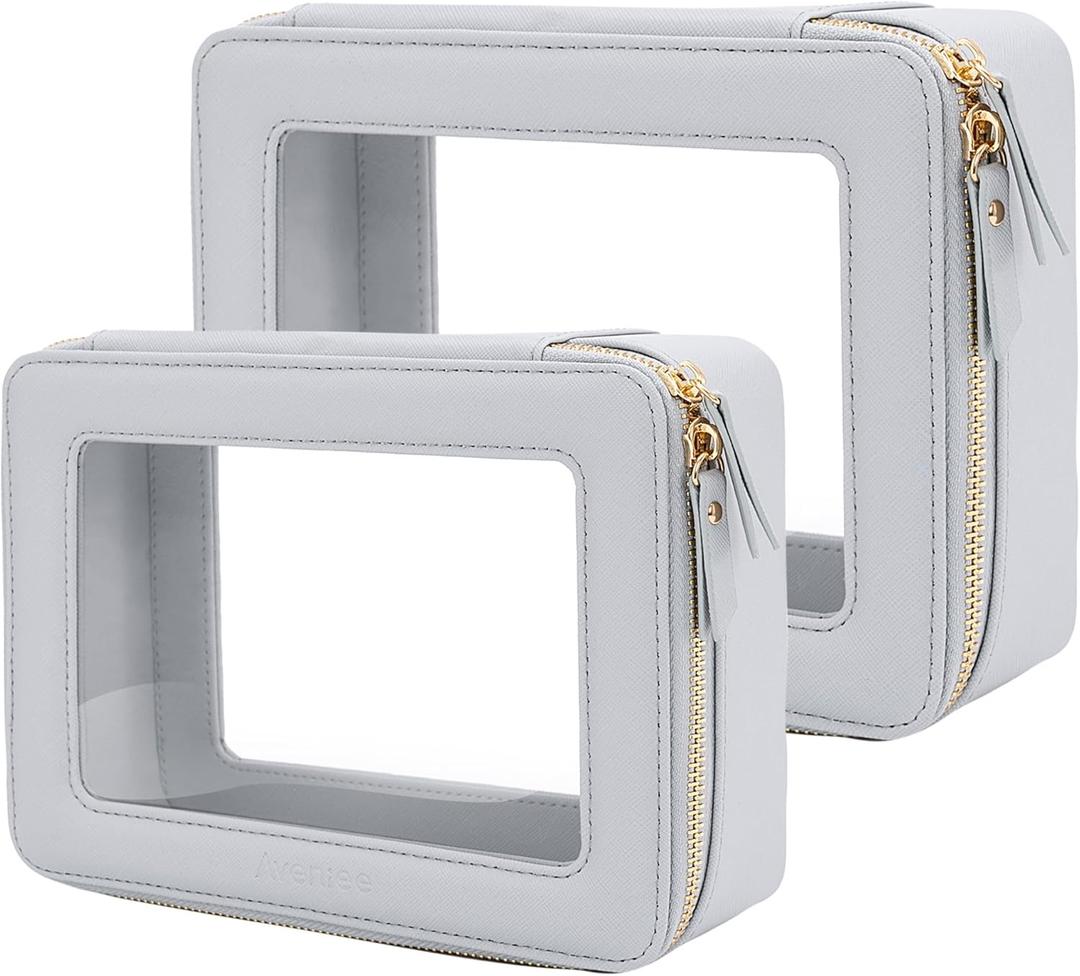 Aveniee Clear Makeup Bag Organizer Set, Portable Travel Toiletry Cosmetic Bag Case for Women, Vegan Leather Make Up Pouch Car Bag for Essentials, Middle + Large, Blue