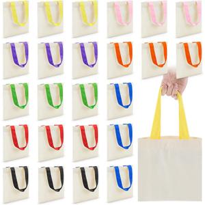 Amylove 12 Pcs Mini Tote Bag Sublimation Blank Canvas Tote Bags Reusable for Grocery Shopping, DIY, Easter Party Favor Gift Bags (8.5 x 8 Inch,Natural with Colorful Handle)