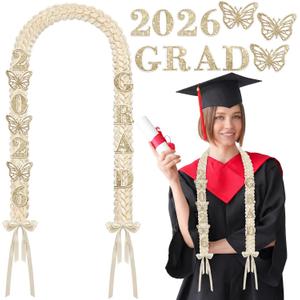 Suncalla 1/2 Pack Graduation Leis Class of 2026 Ivory Satin Ribbon Necklace with 11 Letters and Numbers Flower Butterfly Pin Pearl Bow Money Leis for College Senior Grad Gift(Beige,1 Pcs)