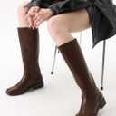 Shoe'N Tale Knee High Boots for Women Block Low Heel Stretchy Square Toe with Side Zipper Fall and Winter Fashion Comfortable Boots (Brown)