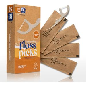 Trueocity Natural Floss Biodegradable Floss Picks 100ct Double flossers for Adults, Individually Wrapped flossers, Double Thread, Strong, Unflavored, BPA Free, Fluoride Free, Eco Friendly