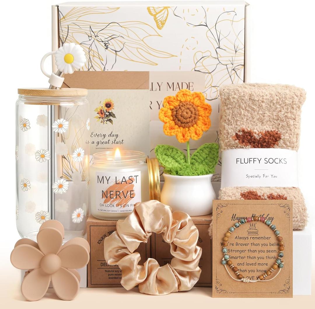 Birthday Gifts for Women, Teen Girls, Her, Unique Happy Birthday Gift Baskets for Best Friend Sister Daughter, Women Mother Gifts Box for Girls Wife Girlfriends, 10pcs Cute Daisy Gift Set(Brown)