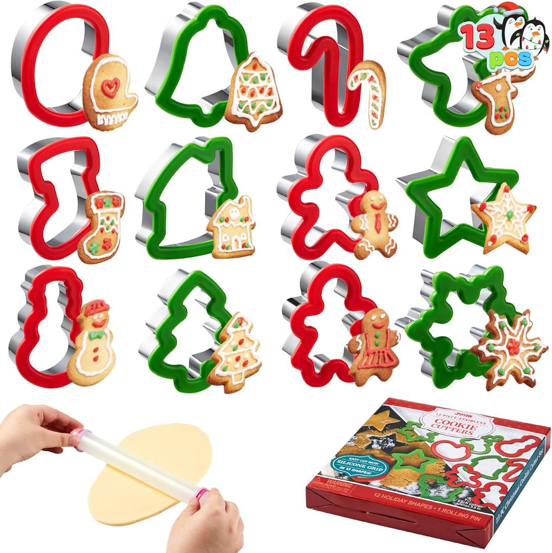 JOYIN 13 PCS Christmas Cookie Cutters in Stainless Steel with 3.5 plus Grip and a Rolling Pin for Xmas Holiday Party Baking Supplies, Snowflake, Gingerbread Cookies Mold and Baking Gift