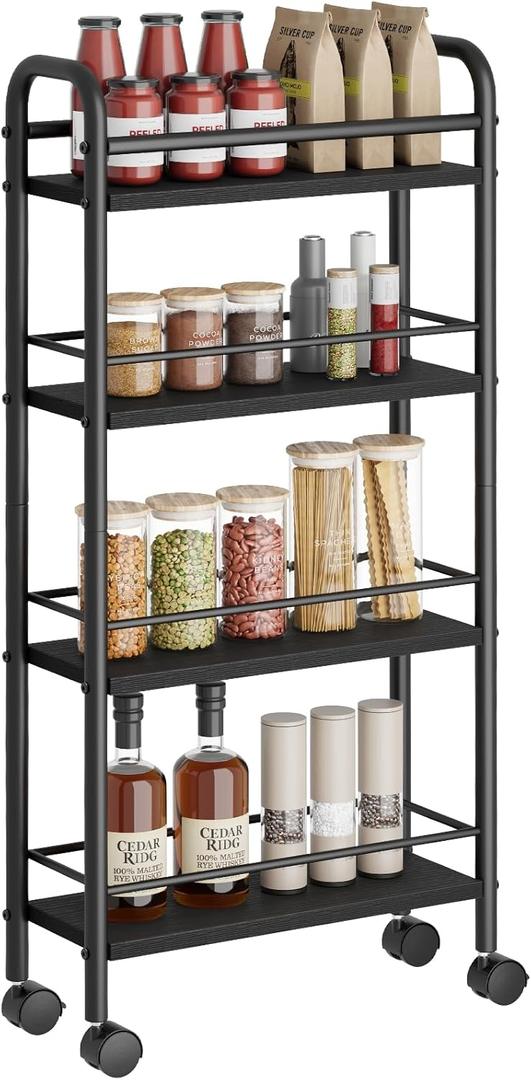Slim Storage Cart, 4-Tier Small Rolling Cart with Wheels, 5.9" Deep, Narrow Bathroom Shelf Trolley for Kitchen, Bathroom, Laundry Room, Black Standard 4-Tier (5.9" W x 33.6" H)