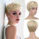 FESHFEN Pixie Cut Wigs Synthetic Short Mixed Blonde Pixie Haircut Wig with Bangs Glueless Layered Wig Wavy Wigs for Women