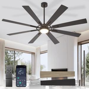 Large Ceiling Fans with Lights: Modern 72 Inch 8 Blade Outdoor Ceiling Fan with Remote APP Control - Dimmable Black Big Fan Light Indoor Reversible 6 Speed Quiet DC Motor
