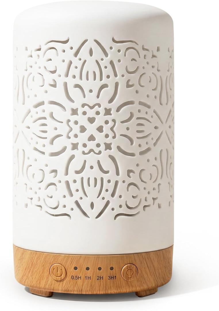 Earnest Living Essential Oil Diffuser White Ceramic Diffuser 100 ml Timers Night Lights and Auto Off Function Home Office Humidifier Aromatherapy Diffusers for Essential Oils, White Ceramic Elegance 100ml