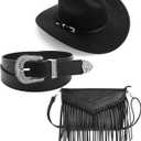 Cutecrop 3 Pcs Western Cowgirl Outfit for Women Cowboy Hat PU Leather Crossbody Tassel Purse Belt Cowgirl Costume Accessories