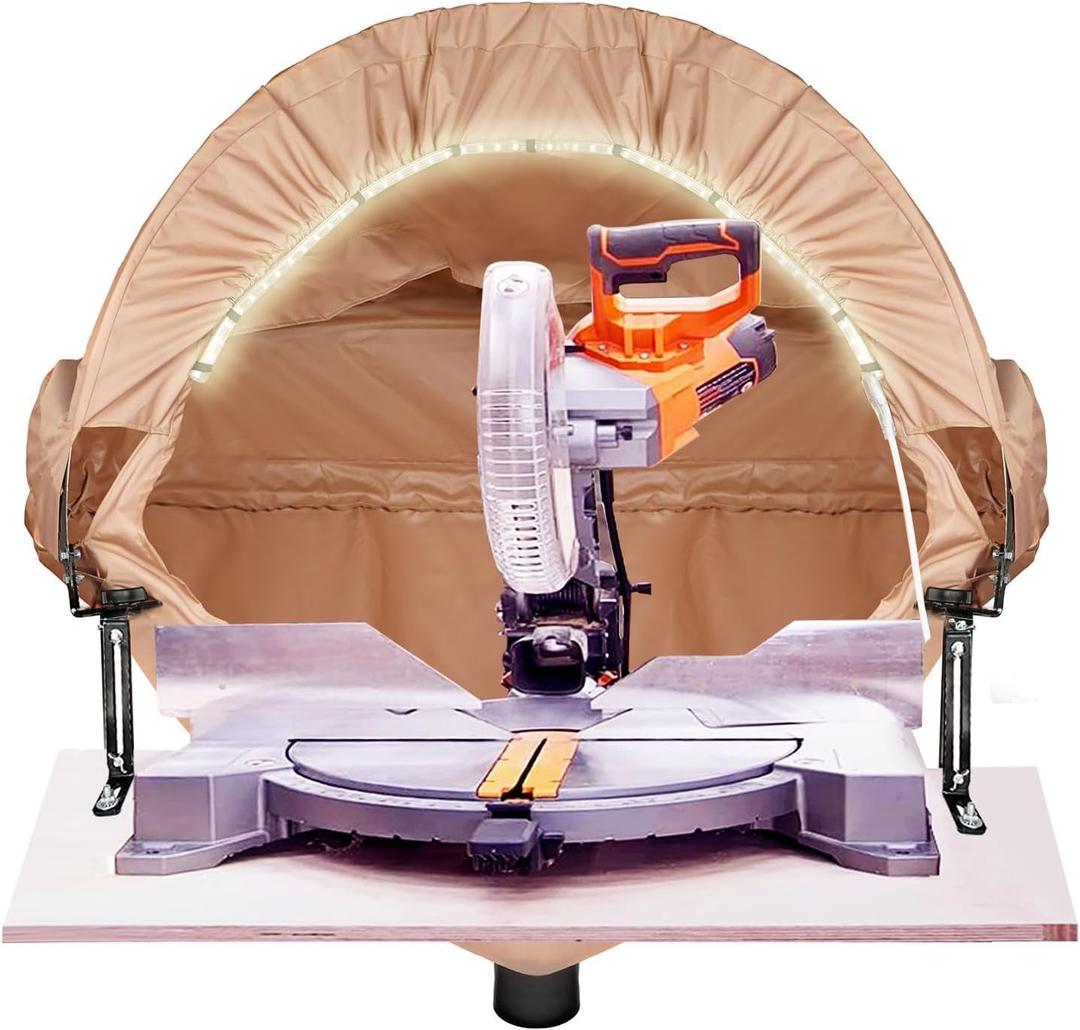 BERPET Miter Saw Dust Collection Hood with Light, Dust Solution for Miter Saws, Dust Collector, Accessory Holes, Universal Fit, Storage Bag - Khaki