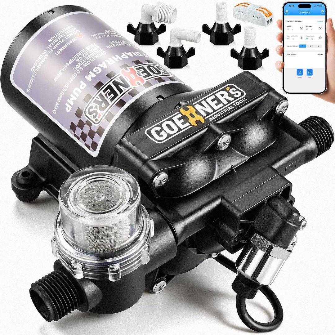 Smart RV Water Pump 12V, DC Fresh Water Pump with App Control, 5.5 GPM 70 PSI Self-Priming Demand Pump, Real-Time Pressure&Voltage Monitoring, Auto Pressure Adjustment for RV Camper Marine (Black)
