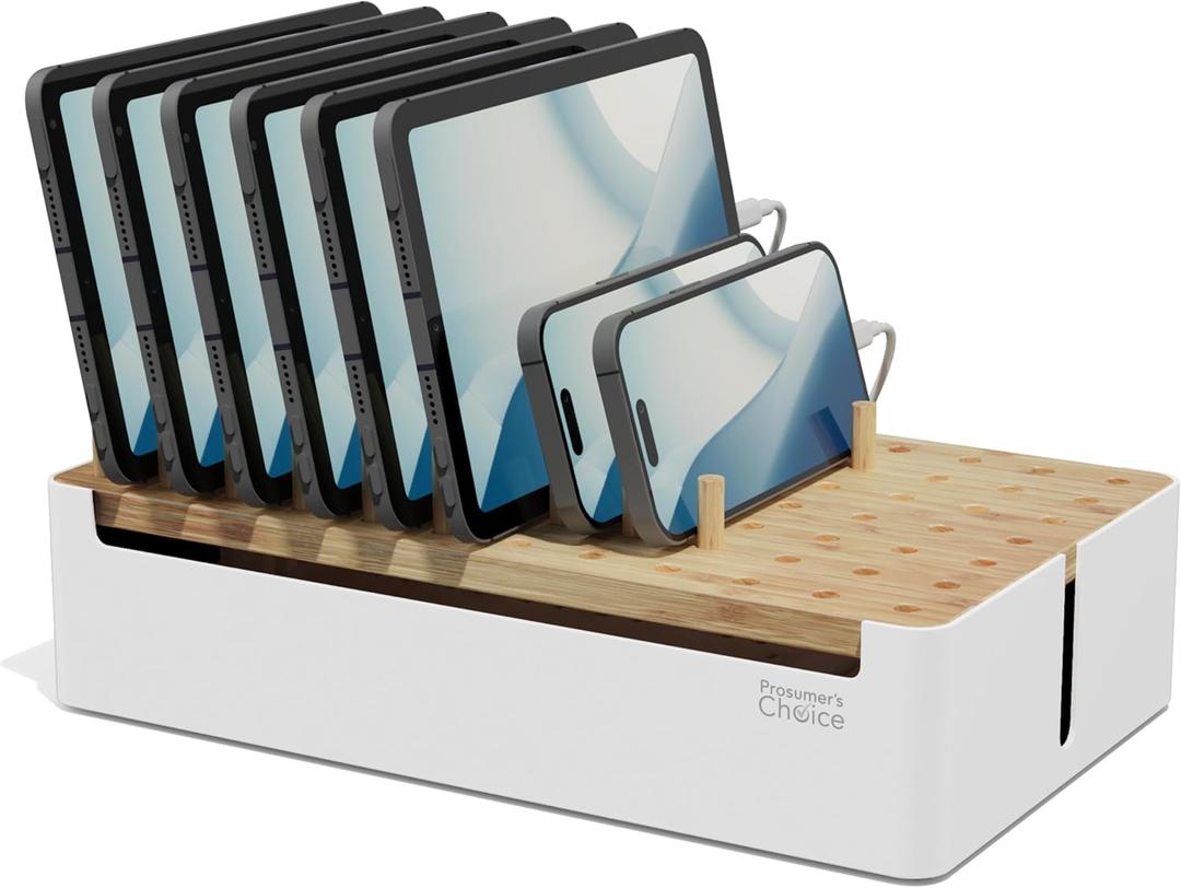 Prosumers Choice Bamboo Charging Station for Multiple Devices - Wooden Charger Organizer with Removable Dividers for Phones, Tablets, and Laptops - 11 Inch Cable Organizer Box - Space-Saving Desk Dock (Metal & Bamboo White)