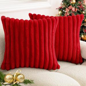 BAOLIZEGAO Christmas Red Faux Fur Plush Throw Pillow Covers 16x16 Set of 2 Fuzzy Striped Soft Cozy Pillowcase Luxury Decorative Pillows Square Fluffy Cushion Covers for Couch Bed Living Room