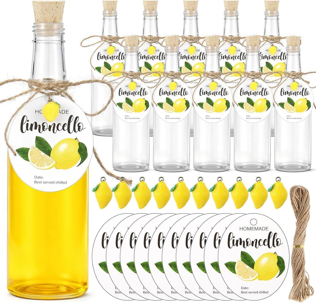 Vesici 10 Set 11oz Limoncello Plastic Bottles and Label with Cork Lids Mini Resin Lemon for Limoncello Homemade Brewing DIY Long Neck Bottles for Christmas Wedding Bridal Shower Gifts(Round Hangtag)