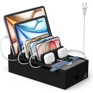 Pezin & Hulin Multi Charger Station Organizer, 5-Port USB Charger Dock with 6 Cables, Cable Management Box, Cord Organizer for Desk, Wire Organizers and Storage for Cords and Power Strip - Black
