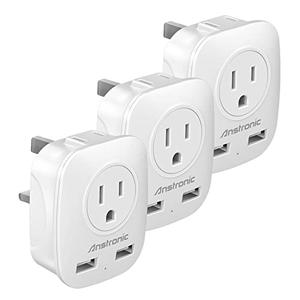3 Pack US to UK Ireland Travel Plug Adapter, Anstronic International Power Adaptor with 2 USB, 4 in 1 Type G Power Outlet Adaptor for USA to England Kenya Dubai Irish Scotland