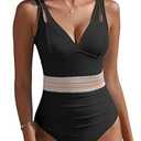 ANRABESS One Piece Swimsuit for Women Tummy Control V Neck Slimming Sexy Bathing Suit Color Block Padded Beach Swimwear Black Large