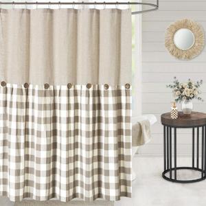 Linen Button Farmhouse Shower Curtain,Linen and Cotton Fabric,Pleated Brown and Beige Plaid Checked Pattern,Country Style,72x72 in