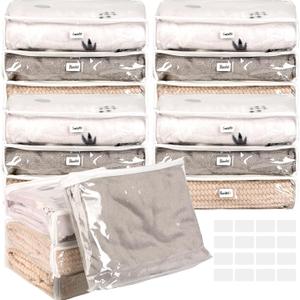 16 Pieces Clear Zippered Storage Bags Plastic Blankets Storage Bags with Zipper and Label Clothing Organizer for Sweater Bed Sheet Quilt Clothes Pillow (13.8 x 11.4 x 3.2 Inch)