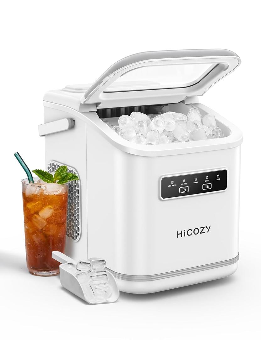 HiCOZY Countertop Ice Maker with Handle, Ice in 6Mins, 26 lbs/Day, Portable Ice Maker Machine with Self-Cleaning for Apartment/Under Cabinet/Kitchen/Office/Camping/RV/Home BarWhite (11.6"D x 11.4"W x 8.66"H)