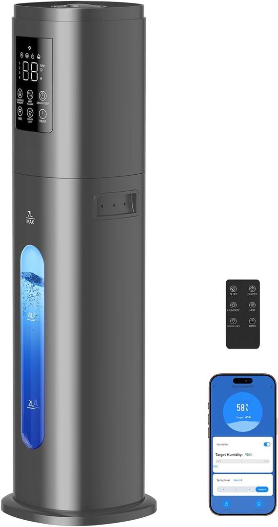 Smart Humidifiers for Bedroom Large Room, 7L/ 1.85Gal Quiet Humidifiers with 350ML/ H Large Mist Speed, Smart App & Remote Control, 4 Mist Levels, Easy Top Fill, Cool Mist Humidifier for Home & Office