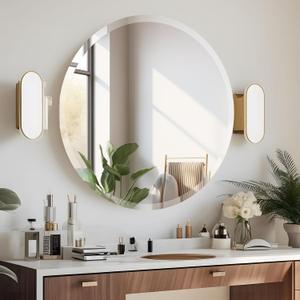 24 Inch Round Frameless Bathroom Mirror, Beveled Round Mirror, Circle Vanity Mirror with 1" Beveled Edge for Bathroom, Entryways, Living Room