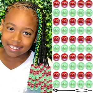 60PCS Green Red Hair Beads Christmas Style Round Beads Loc Dreadlock Jewelry Acrylic AB Color Pony Bead Accessories for Kids Girls