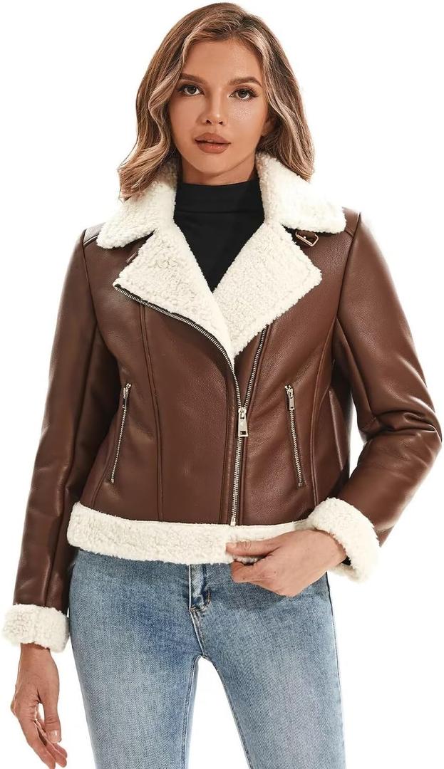 Women's Faux Shearing Moto Jacket Thick Fur Lined Coat Sherpa Leather Jacket (104 Brown) s