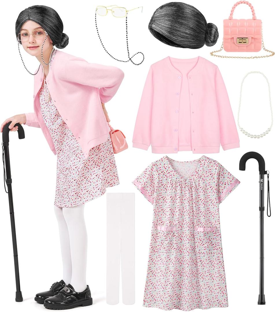 FancyFun 8 Pcs Old Lady Costume for Kids, 100 Days of School Costume for Girls Grandma Wig Granny Outfit Old Person Dress Up Set A 5-7Y