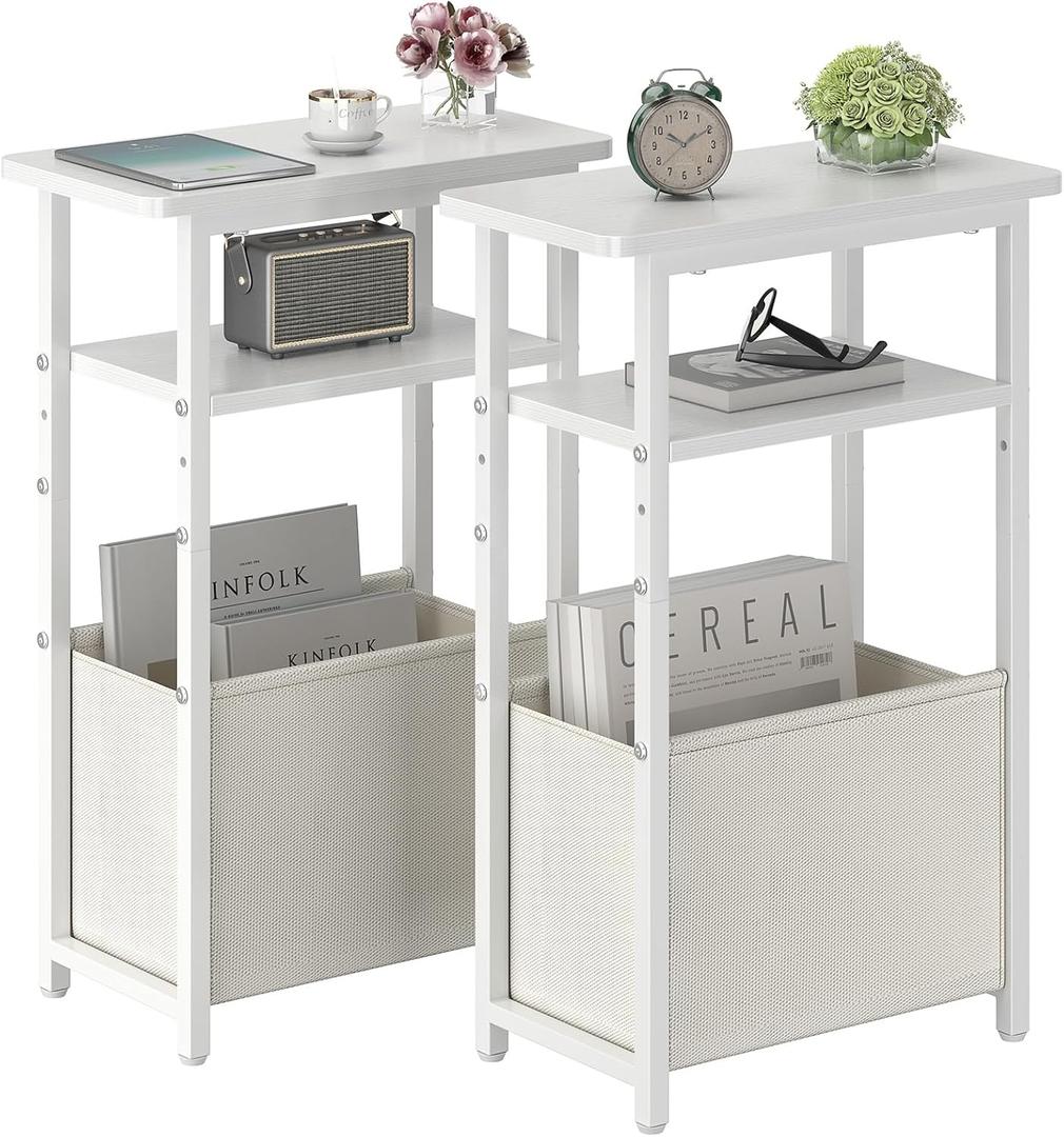 sthmec Narrow Side Table Set of 2, Skinny End Tables with Fabric Basket, Small Side Tables for Small Space,2-Tier Open Shelves with Basket, Slim Nightstands Set 2 for Bedroom,Livinroom,Office,White