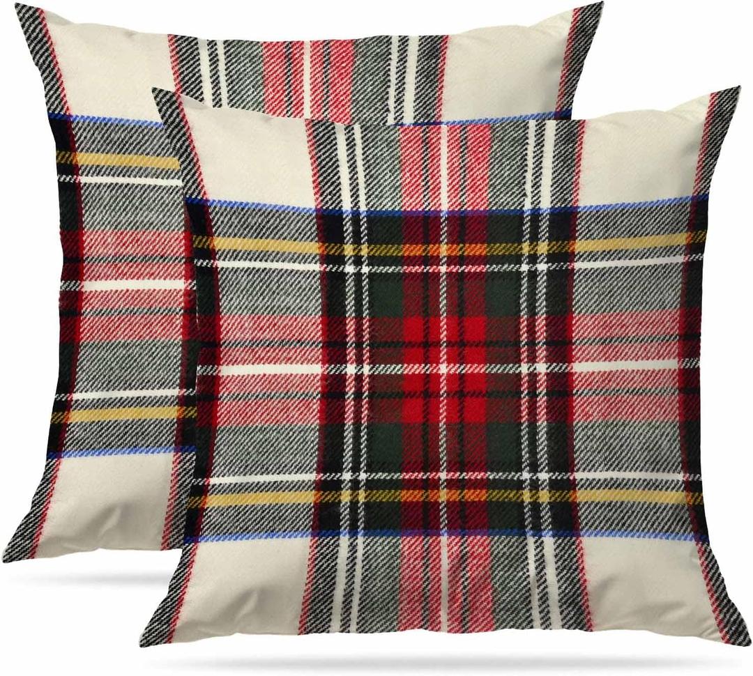 Plaid Pillow Covers 18 x 18 Inches Set of 2 Pillow Cases Decorative,Scottish Tartan Red and White Wool Plaid Pattern Symmetric Square Print Double Sided Decorative Christmas Throw Pillow Covers