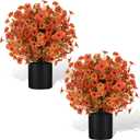 Artificial Fall Flowers in Pot, 2 Pack | UV Resistant | Fake Mums Bushes Floral Plants 24” for Outdoor Decor | Autumn Decorations for Front Porch Garden Yard Patio (Orange-Mix Flower)