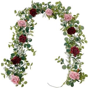 Anna's Whimsy 5.91FT Artificial Eucalyptus Garland with Flowers, Fake Rose Gypsophila, Faux Floral Garland Greenery for Wedding Spring Party Art Table Runner Decor (Pink, 1)