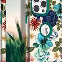 Hocase for iPhone 15 Pro Max Case, Heavy Duty Shockproof Protection Soft Silicone Rubber Bumper+Hard Plastic Hybrid Protective Case for iPhone 15 Pro Max 6.7" 2023 - Teal Flowers