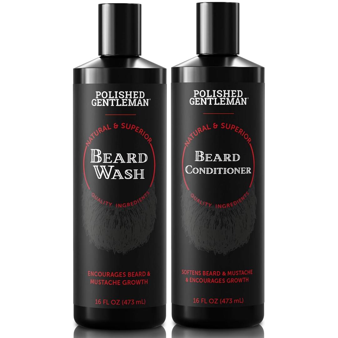 Polished Gentleman Beard Wash and Conditioner Set - Softens and Strengthens - Beard Shampoo with Growth Oil - Moisturizer & Beard Thickener - Tea Tree Unscented - Paraben-Free & Sulfate-Free (16oz) (16 Fl Oz (Pack of 2))