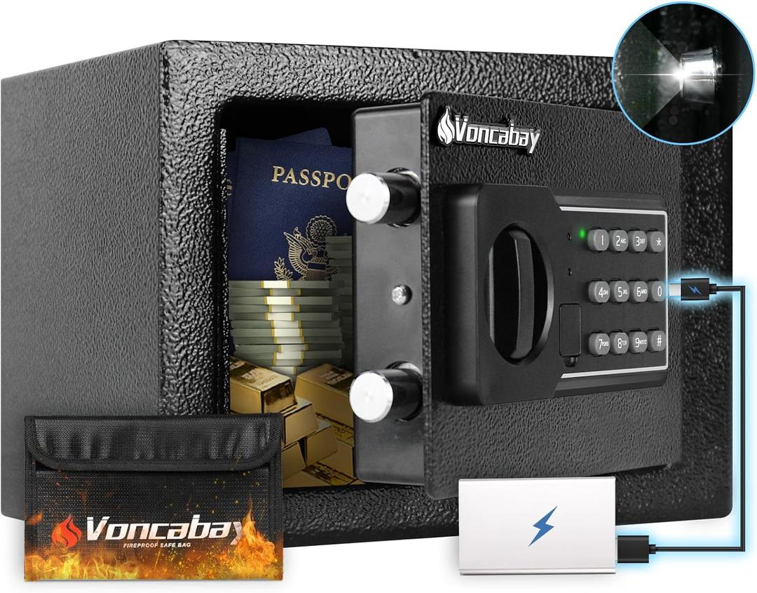 Voncabay Money Safe Box for Home with Sensor Light and Mute Function & Fireproof Security Safe Box for Money Safe with Emergency Power Outlet, Lock Box Fireproof Safe with Digital Keypad (0.23 Cubic Feet)