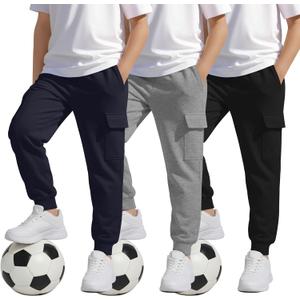 3 Pack Boys' Cargo Sweatpants Kids Casual Joggers Pants with Pockets Elastic Waist Track Cuffed Athletic Pant 5-14Y