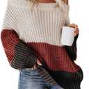 VIMPUNEC Womens Oversized Sweater Color Block Off The Shoulder Pullover Sweaters Cable Knit Chunky Striped Tops (Medium)